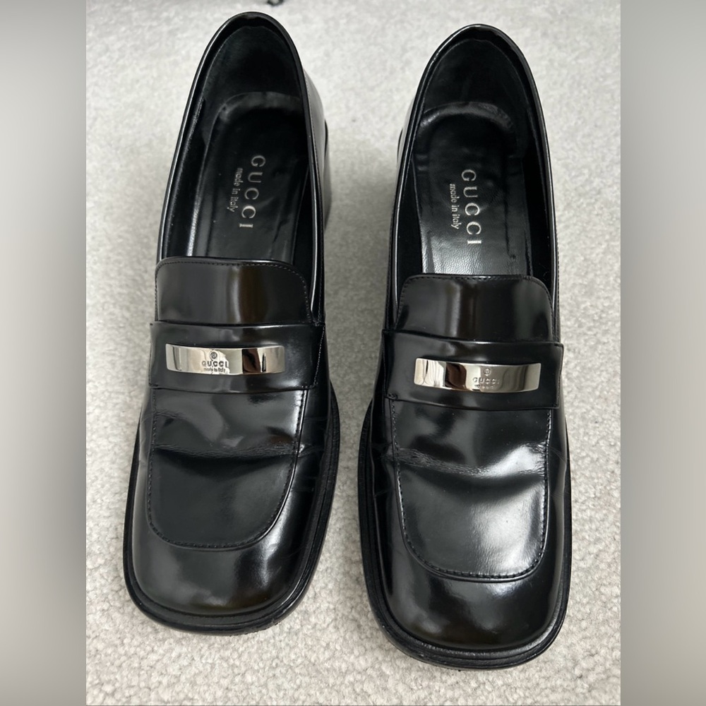 Gucci Black Leather Block Heel Loafer With Silver Metal Size 37 /US 7 B With Box - Picture 3 of 13